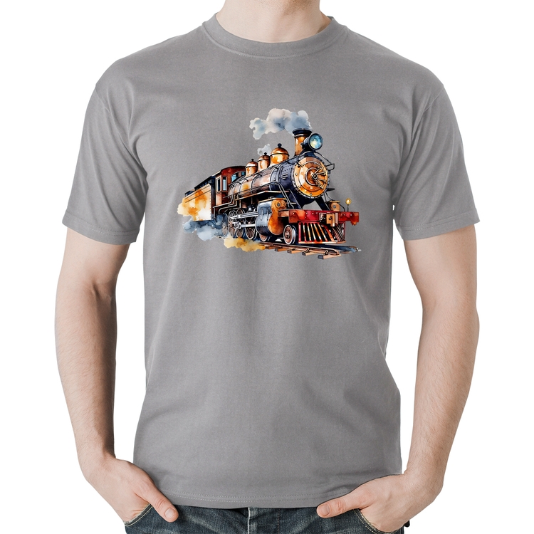 Camiseta Algodão Trem Watercolor - Cinza