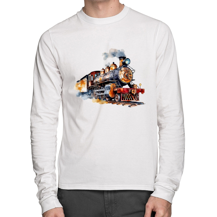 Camiseta Algodão Trem Watercolor Manga Longa - Branca