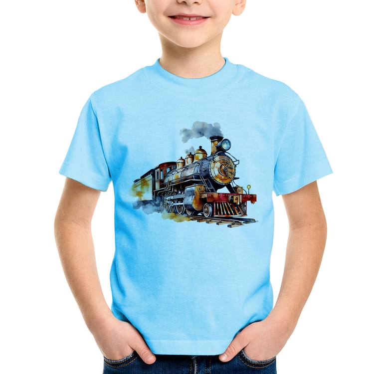 Camiseta Infantil Trem Watercolor - Azul Bebê