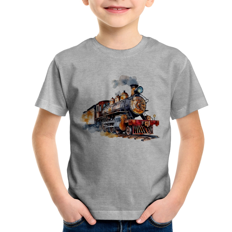 Camiseta Infantil Trem Watercolor - Cinza