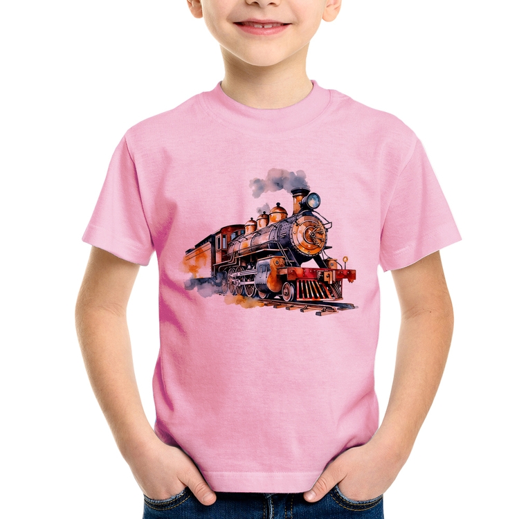 Camiseta Infantil Trem Watercolor - Rosa Bebê