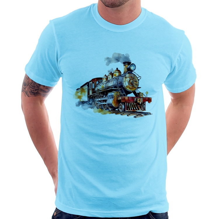 Camiseta Trem Watercolor - Azul Bebê