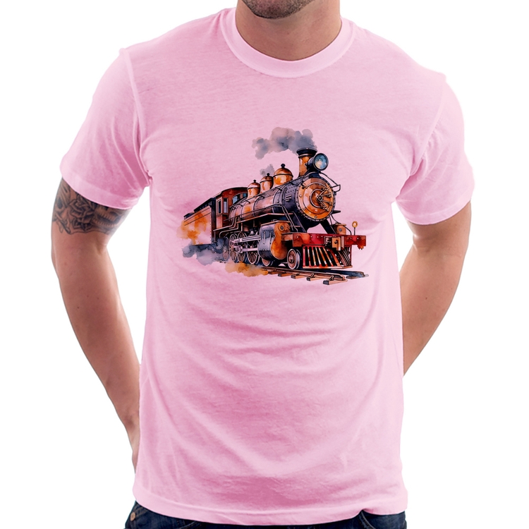 Camiseta Trem Watercolor - Rosa Bebê