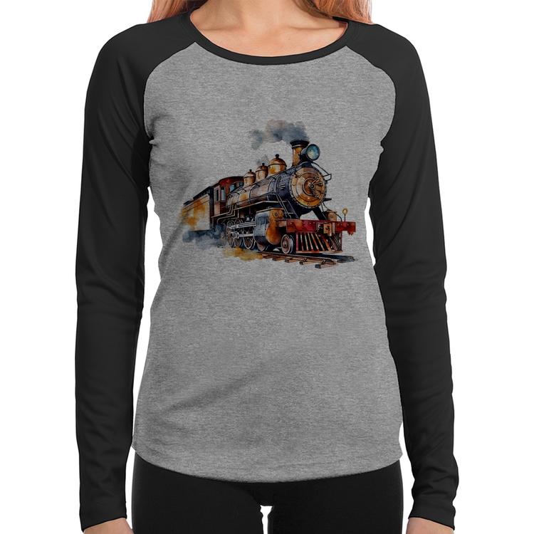 Baby Look Raglan Trem Watercolor Manga Longa - Cinza/Preto