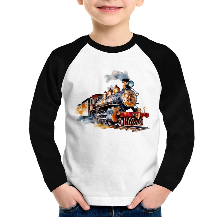 Camiseta Raglan Infantil Trem Watercolor Manga Longa