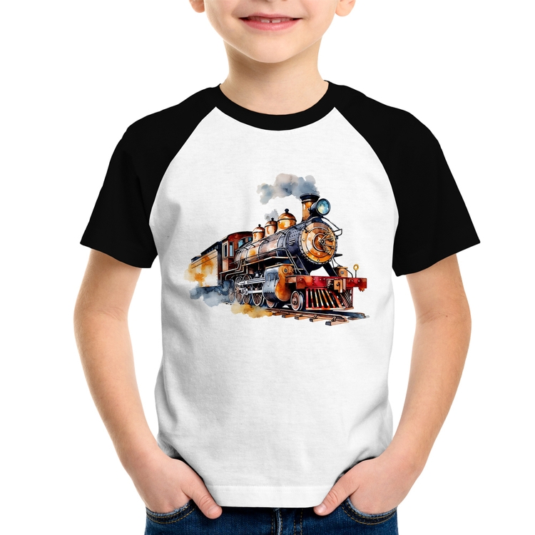 Camiseta Raglan Infantil Trem Watercolor