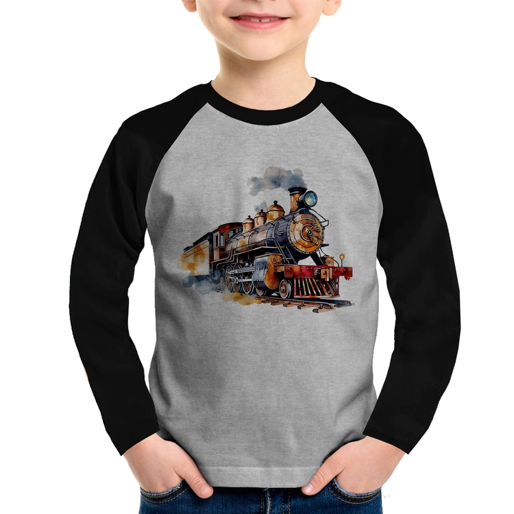 Camiseta Raglan Infantil Trem Watercolor Manga Longa - Cinza/Preto