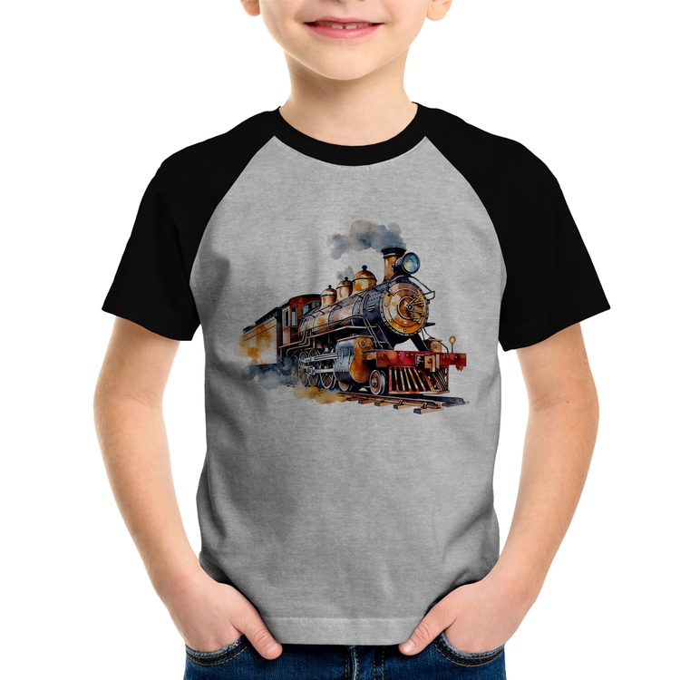 Camiseta Raglan Infantil Trem Watercolor - Cinza/Preto