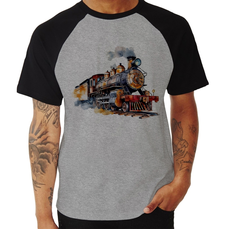 Camiseta Raglan Trem Watercolor - Cinza/Preto