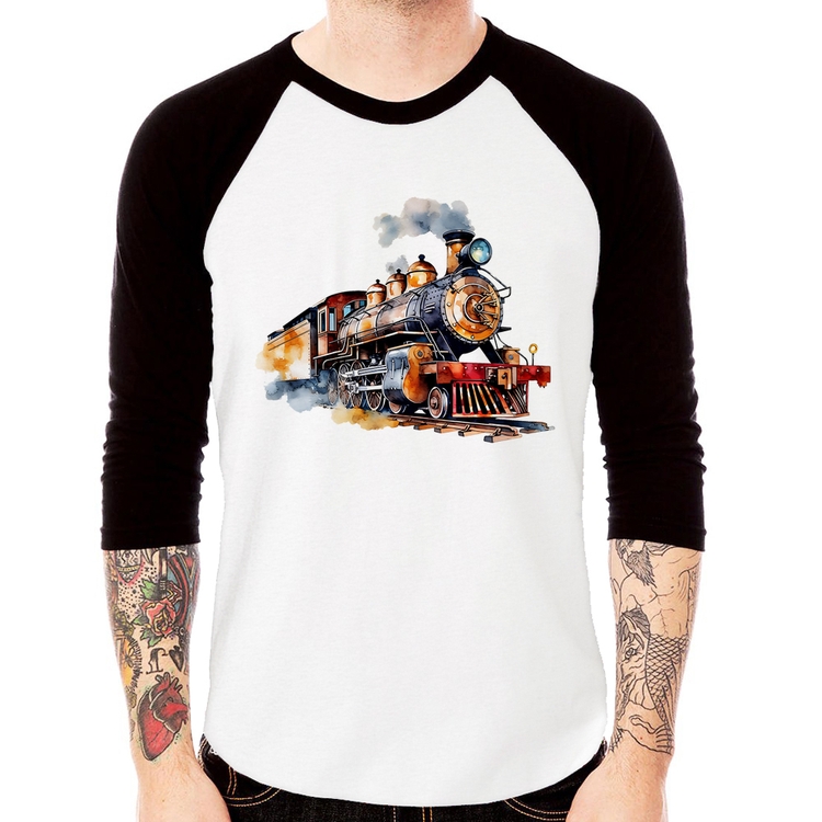 Camiseta Raglan Trem Watercolor Manga 3/4