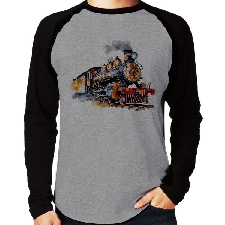 Camiseta Raglan Trem Watercolor Manga Longa - Cinza/Preto