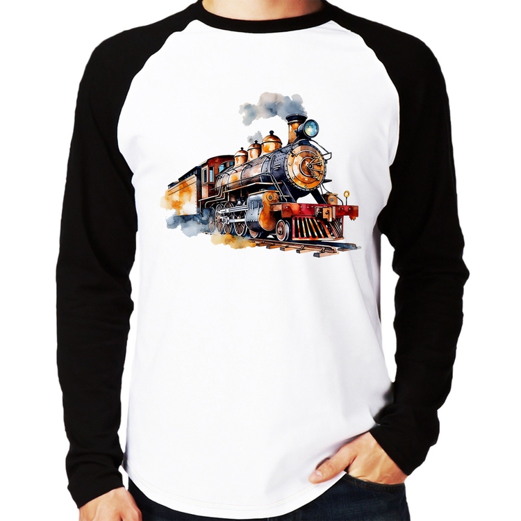 Camiseta Raglan Trem Watercolor Manga Longa