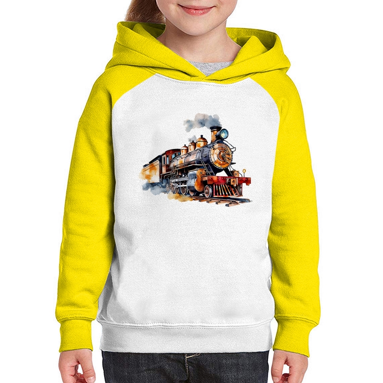 Moletom Infantil Trem Watercolor - Branco/Amarelo