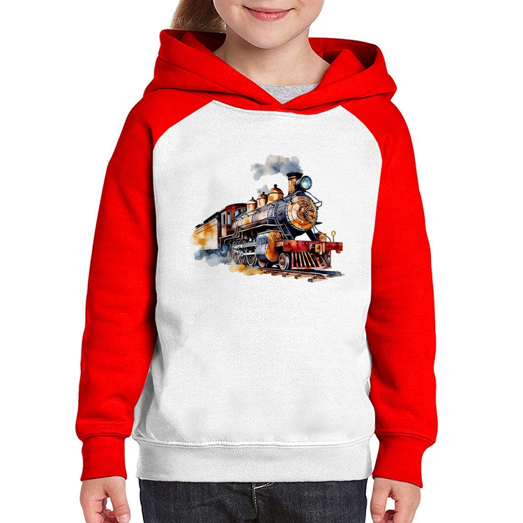 Moletom Infantil Trem Watercolor - Branco/Vermelho