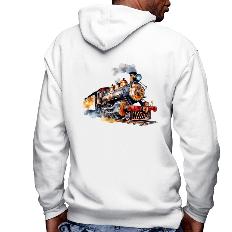 Blusa Moletom Trem Watercolor Masculina com Capuz e Zíper - Branca