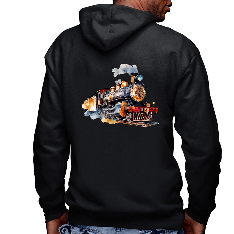 Blusa Moletom Trem Watercolor Masculina com Capuz e Zíper