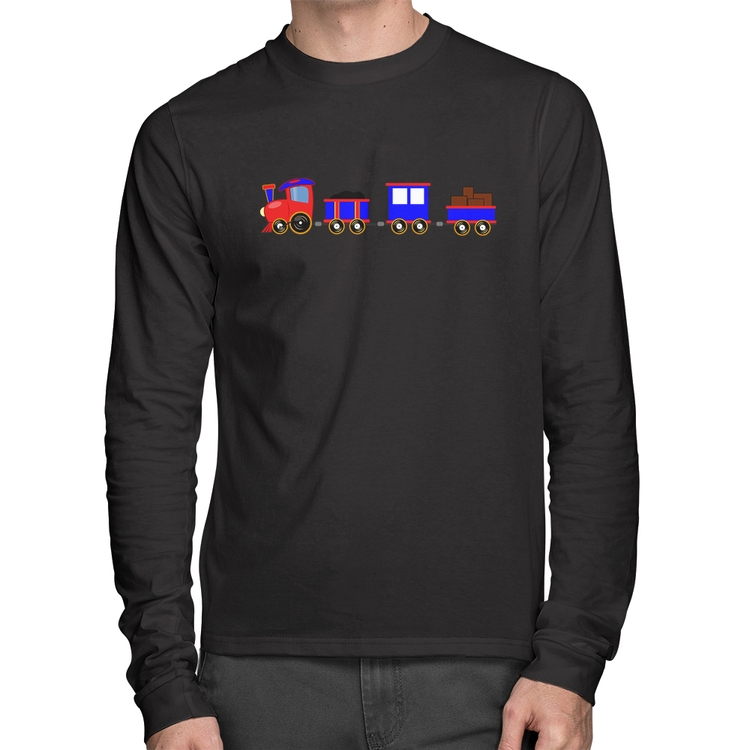 Camiseta Algodão Trenzinho Azul Manga Longa