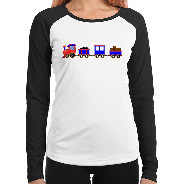 Baby Look Raglan Trenzinho Azul Manga Longa