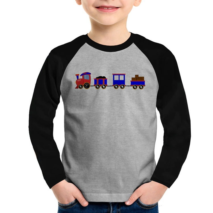 Camiseta Raglan Infantil Trenzinho Azul Manga Longa - Cinza/Preto