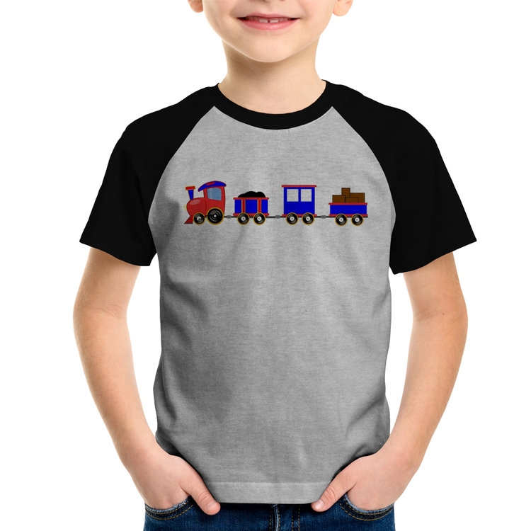 Camiseta Raglan Infantil Trenzinho Azul - Cinza/Preto