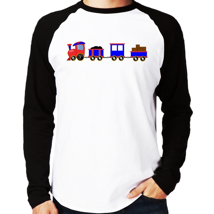 Camiseta Raglan Trenzinho Azul Manga Longa