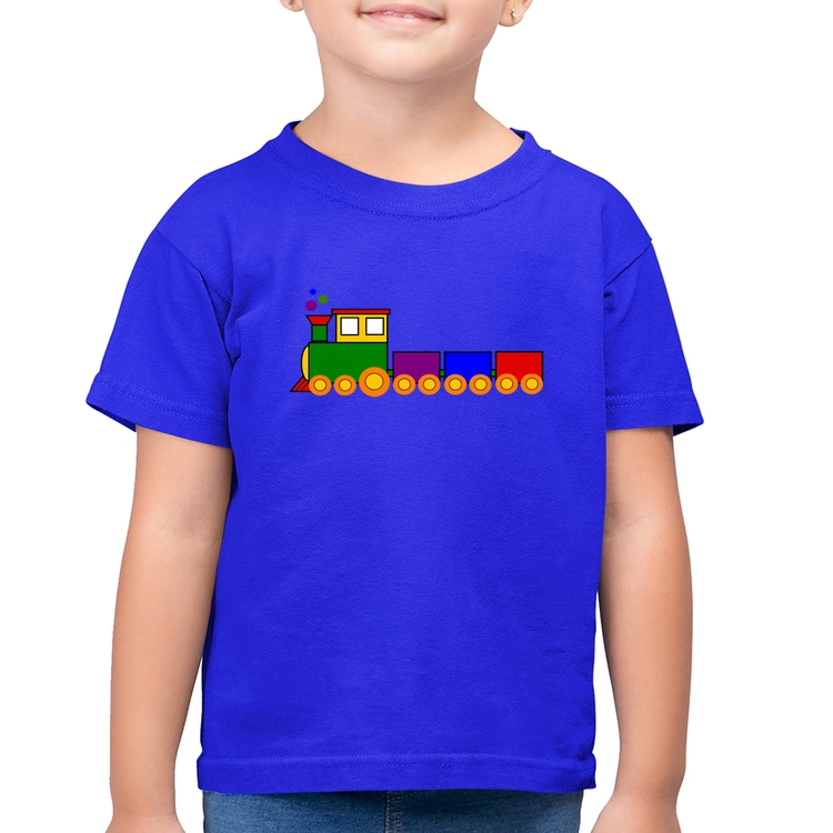 Camiseta Algodão Infantil Trenzinho Colorido - Azul Royal