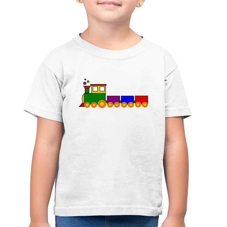 Camiseta Algodão Infantil Trenzinho Colorido - Branca