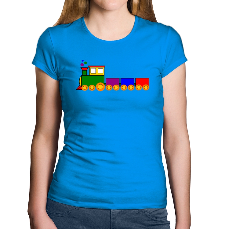 Baby Look Algodão Trenzinho Colorido - Azul