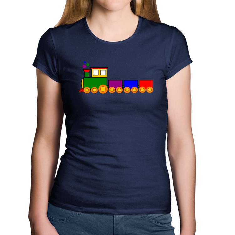 Baby Look Algodão Trenzinho Colorido - Marinho