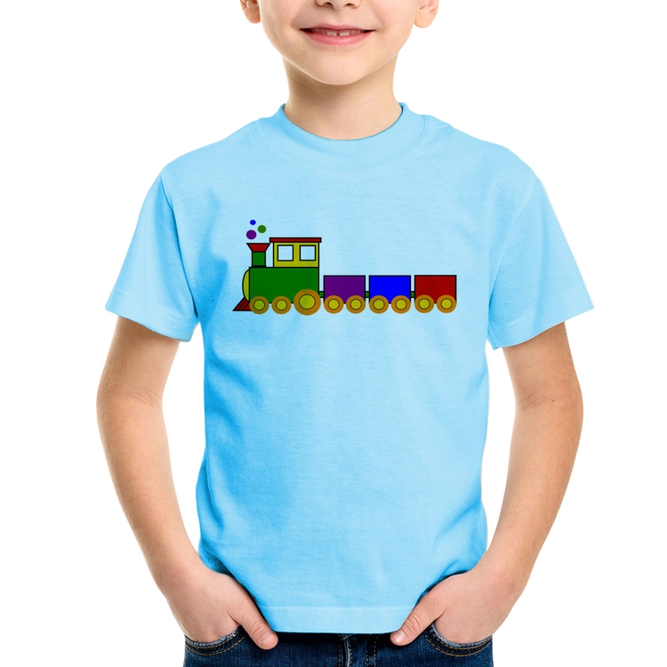 Camiseta Infantil Trenzinho Colorido - Azul Bebê