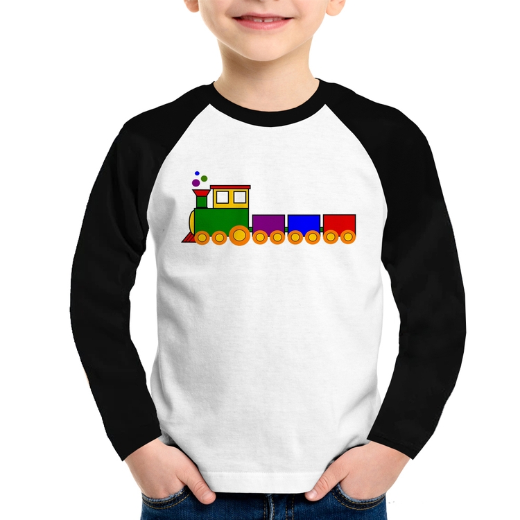 Camiseta Raglan Infantil Trenzinho Colorido Manga Longa