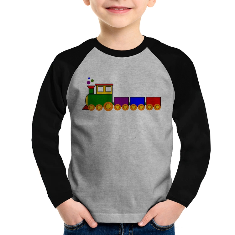 Camiseta Raglan Infantil Trenzinho Colorido Manga Longa - Cinza/Preto