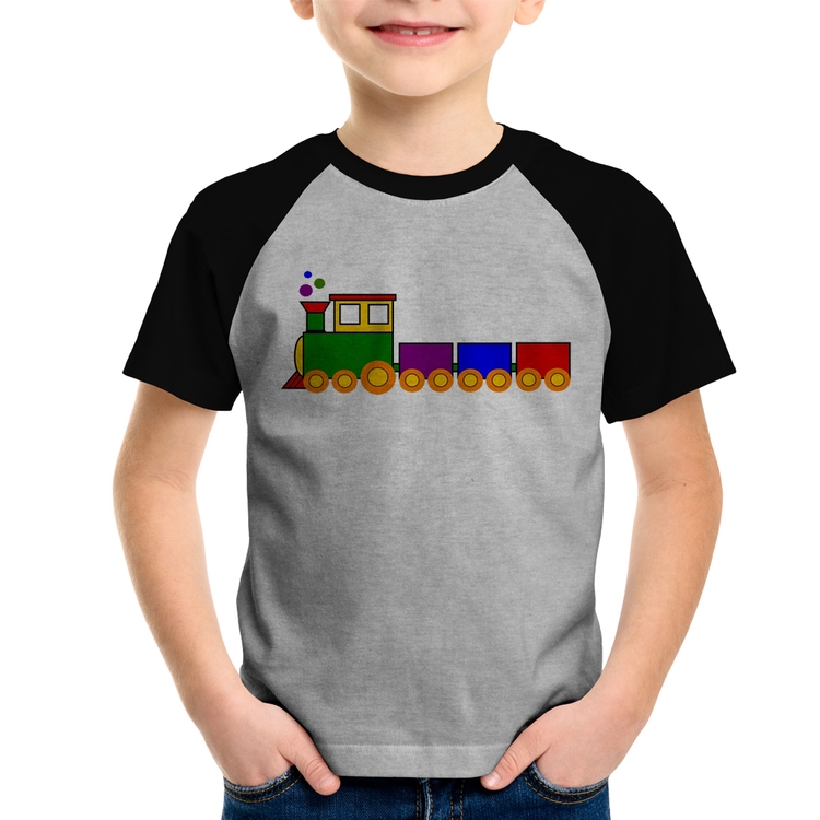 Camiseta Raglan Infantil Trenzinho Colorido - Cinza/Preto