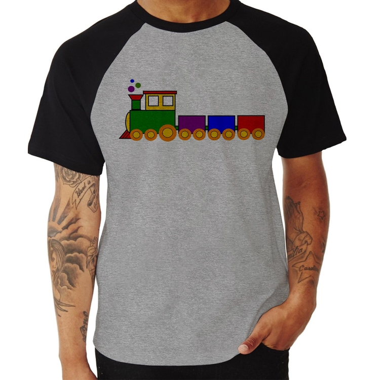 Camiseta Raglan Trenzinho Colorido - Cinza/Preto