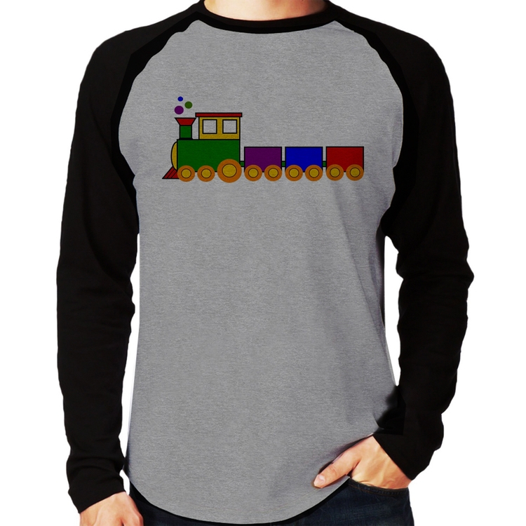Camiseta Raglan Trenzinho Colorido Manga Longa - Cinza/Preto