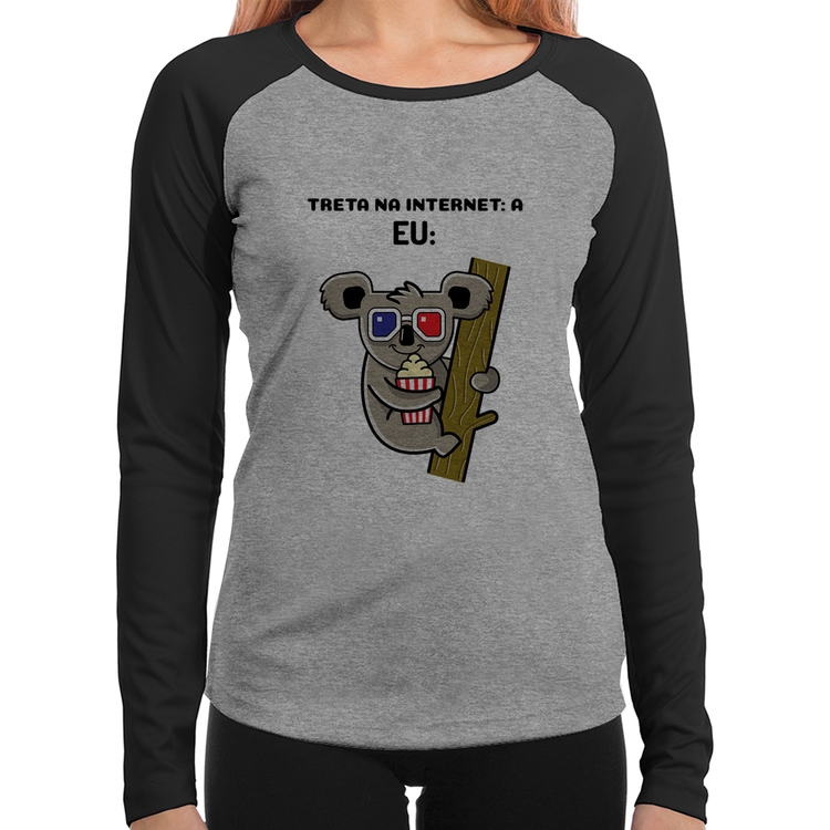 Baby Look Raglan Treta na internet: A Manga Longa - Cinza/Preto