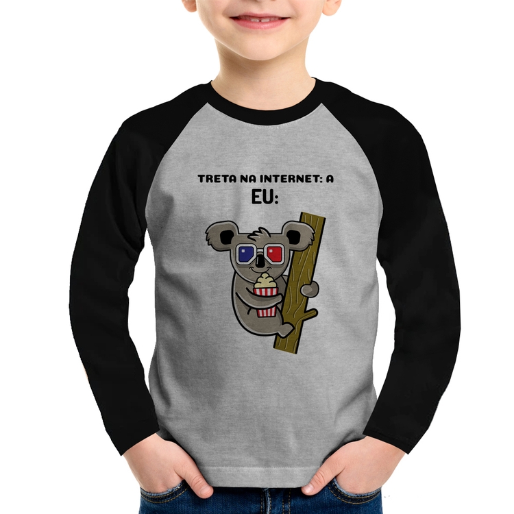 Camiseta Raglan Infantil Treta na internet: A Manga Longa - Cinza/Preto