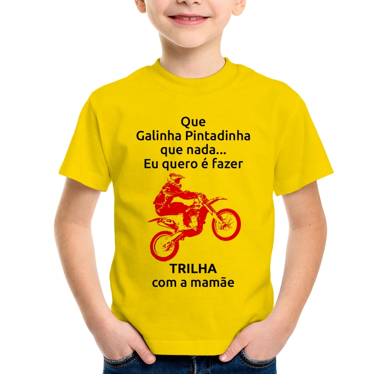 Camiseta Infantil Trilha com a mamãe (moto rosa) - Amarela