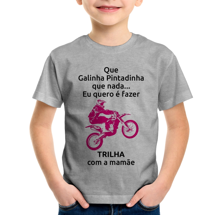 Camiseta Infantil Trilha com a mamãe (moto rosa) - Cinza