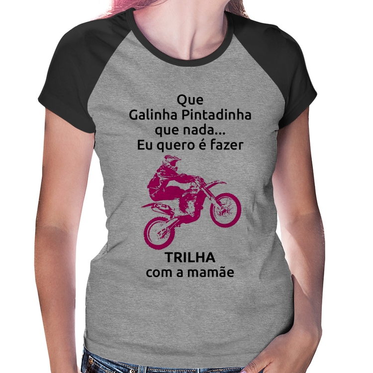 Baby Look Raglan Trilha com a mamãe (moto rosa) - Cinza/Preto