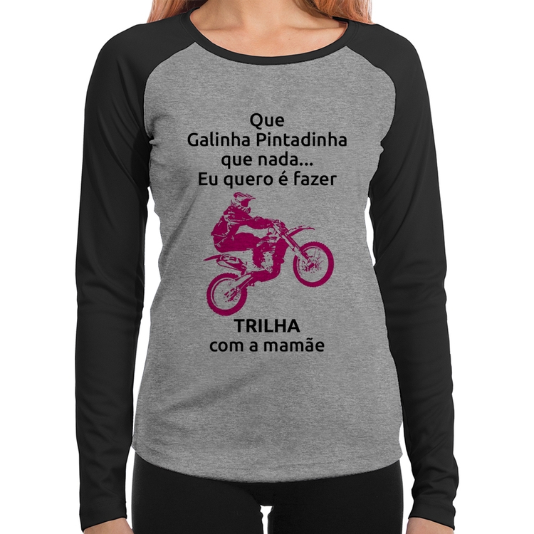 Baby Look Raglan Trilha com a mamãe (moto rosa) Manga Longa - Cinza/Preto