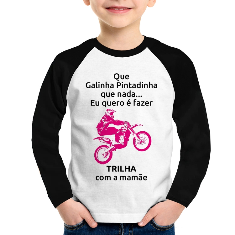 Camiseta Raglan Infantil Trilha com a mamãe (moto rosa) Manga Longa