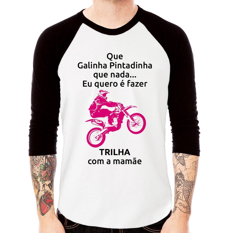 Camiseta Raglan Trilha com a mamãe (moto rosa) Manga 3/4