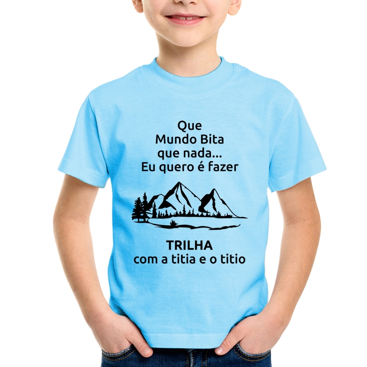 Camiseta Infantil Trilha com a titia e o titio Trekking - Azul Bebê