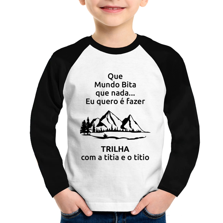 Camiseta Raglan Infantil Trilha com a titia e o titio Trekking Manga Longa