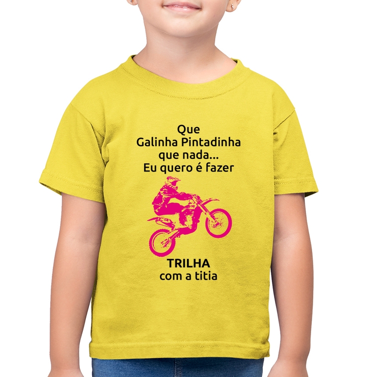 Camiseta Algodão Infantil Trilha com a titia (moto rosa) - Amarelo Canário