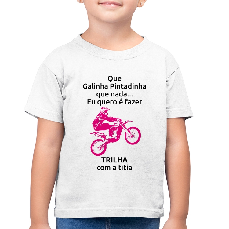 Camiseta Algodão Infantil Trilha com a titia (moto rosa) - Branca
