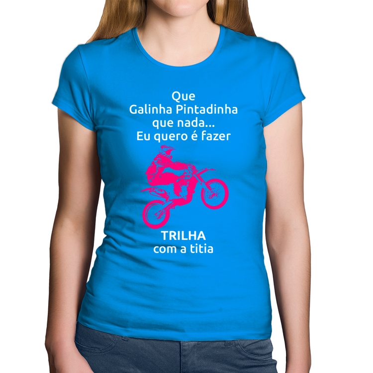 Baby Look Algodão Trilha com a titia (moto rosa) - Azul