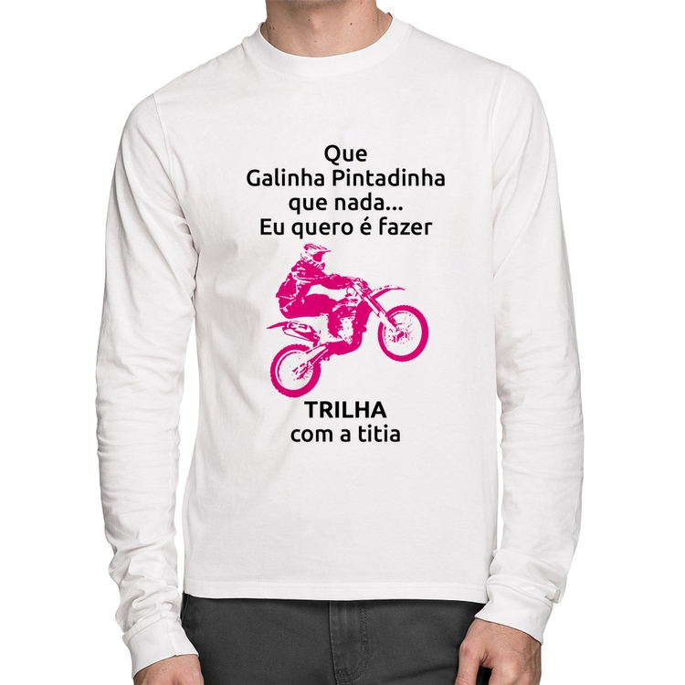 Camiseta Algodão Trilha com a titia (moto rosa) Manga Longa - Branca