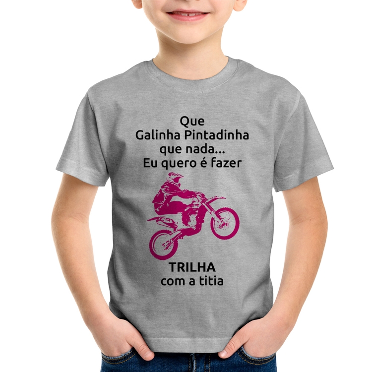 Camiseta Infantil Trilha com a titia (moto rosa) - Cinza